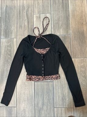Black Long-Sleeve Crop Top with Leopard undershirt with halter tie. XS